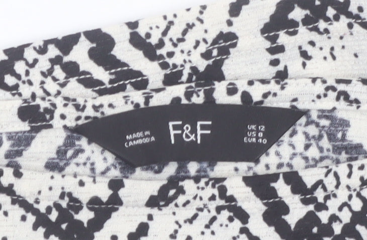 F&F Women’s Black Animal Print Tunic Blouse UK 12 3/4 Sleeve