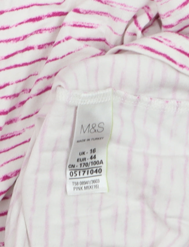 Marks and Spencer Women Pink Striped 3/4 Sleeve Basic T-Shirt Size 16