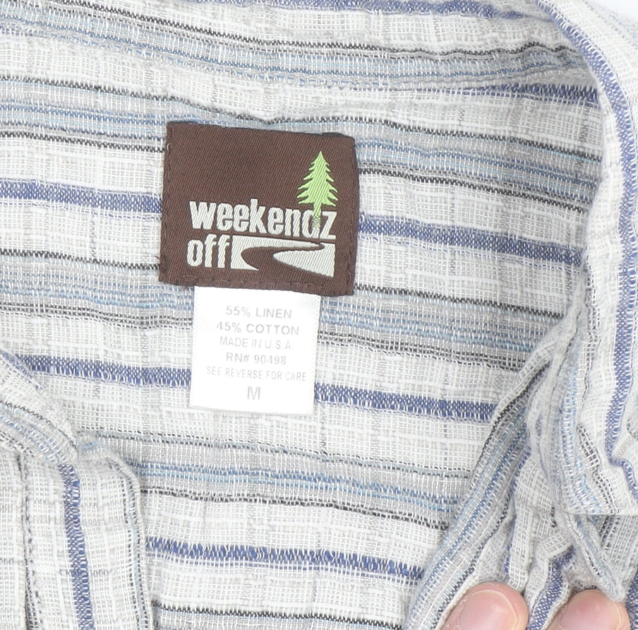 Weekendz Off Men's Blue Striped Linen Cotton Short Sleeve Casual Shirt M