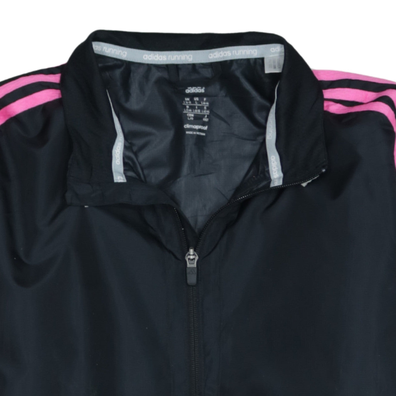 Adidas Womens Black Pink Stripe ClimaProof Full Zip Windbreaker Jacket L
