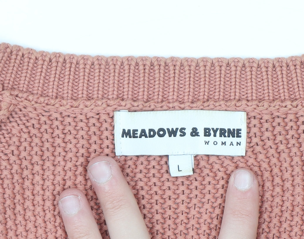 Meadows & Byrne Women Pink Cotton V-Neck Chunky Knit Jumper Size L