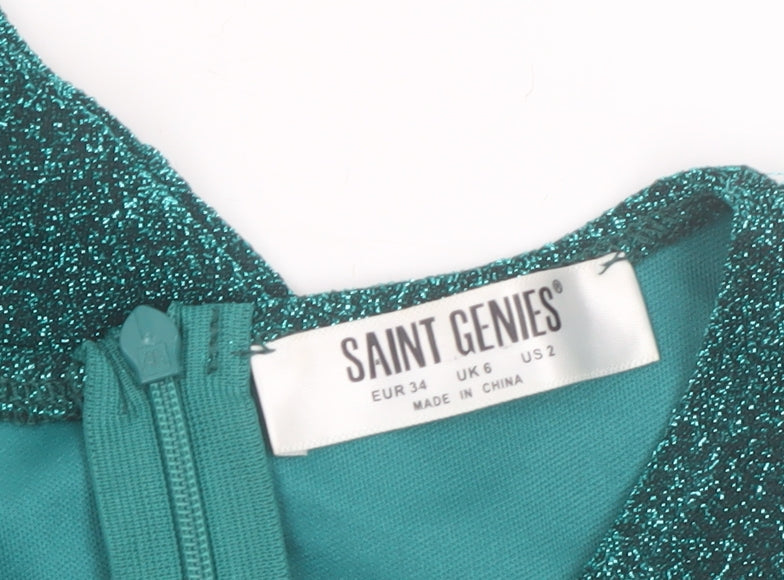 Saint Genies Women’s Green Glitter Ruched Bodycon Sleeveless Dress UK 6