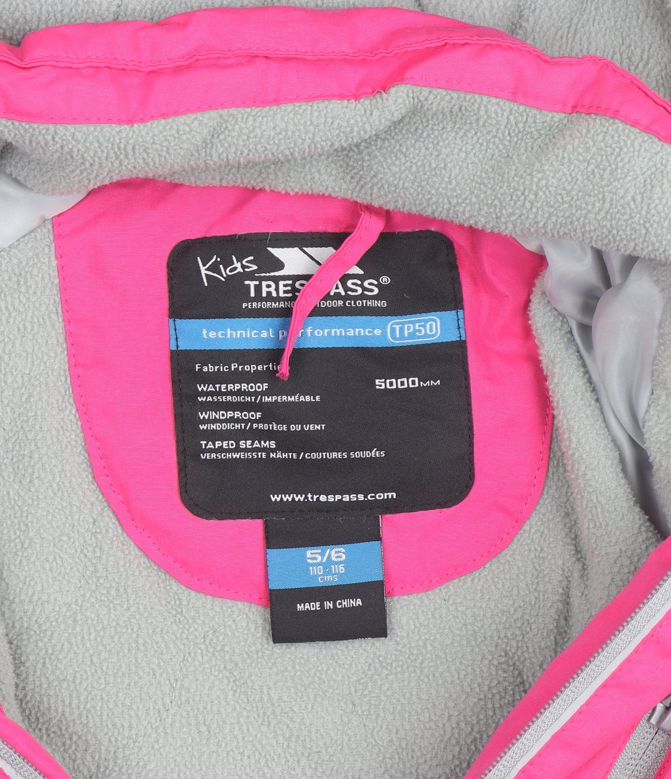 Trespass Girls Pink Waterproof Hooded Rain Coat Jacket 5-6 Years