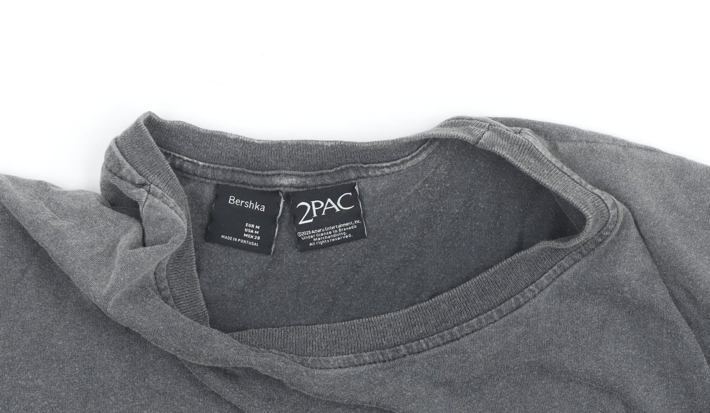 Bershka Men's Grey Tupac Shakur Graphic Band T-Shirt Size M