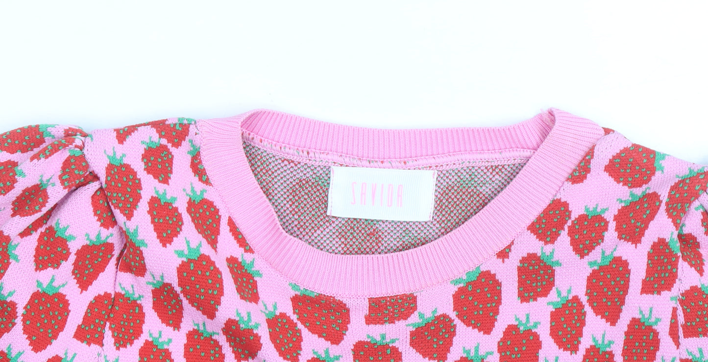 Savida Womens Pink Strawberry Print Cropped Knit T-Shirt Size S