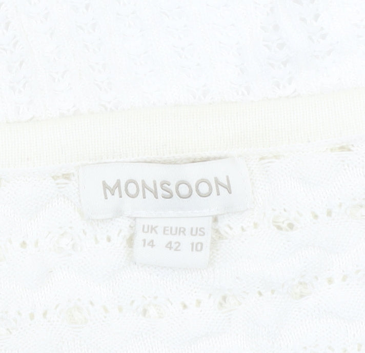 Monsoon Women’s Ivory Knit Cardigan UK 14 Crew Neck Open Knit