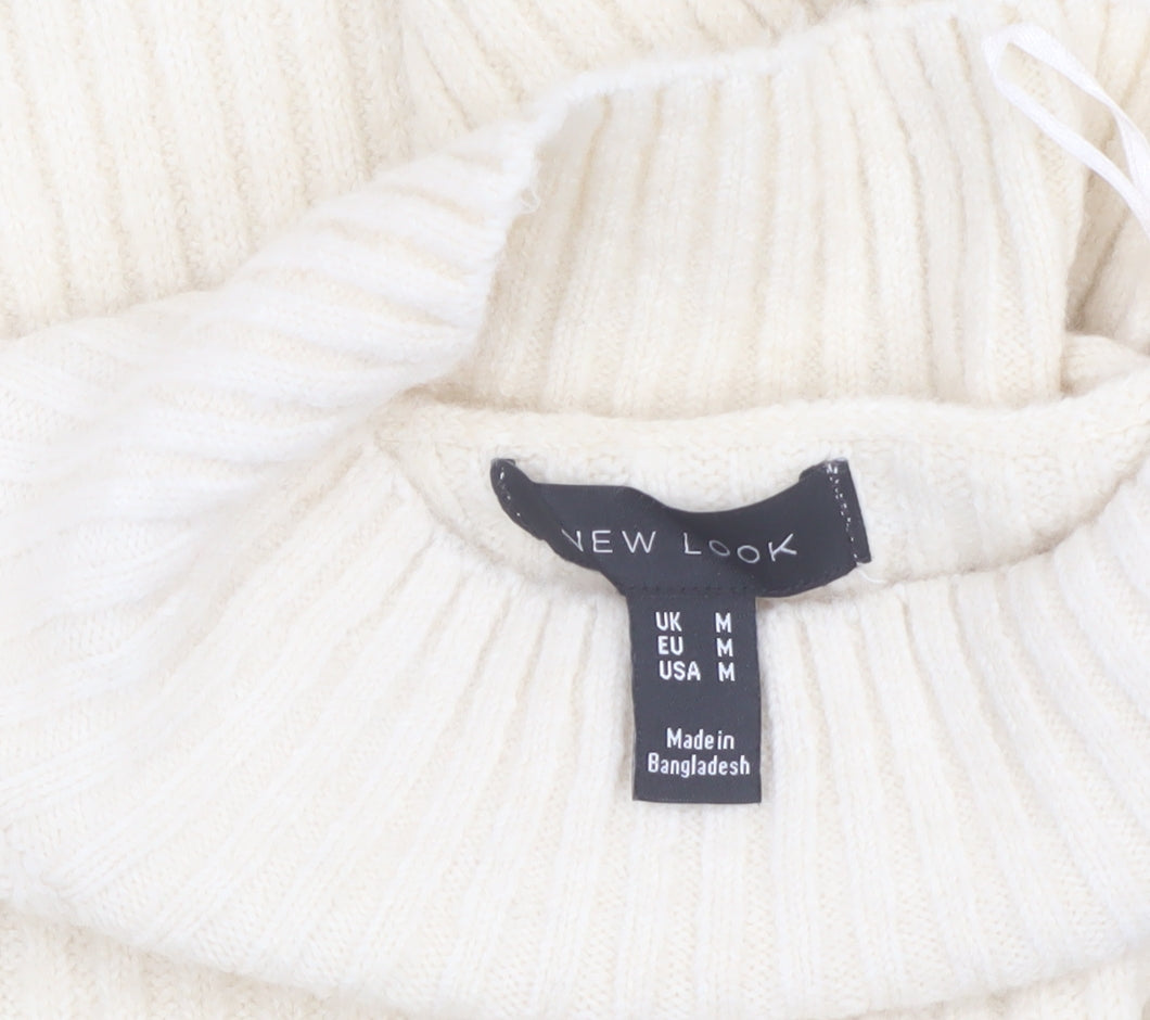 New Look Women Ivory Knit Jumper Dress M High Neck Long Sleeve