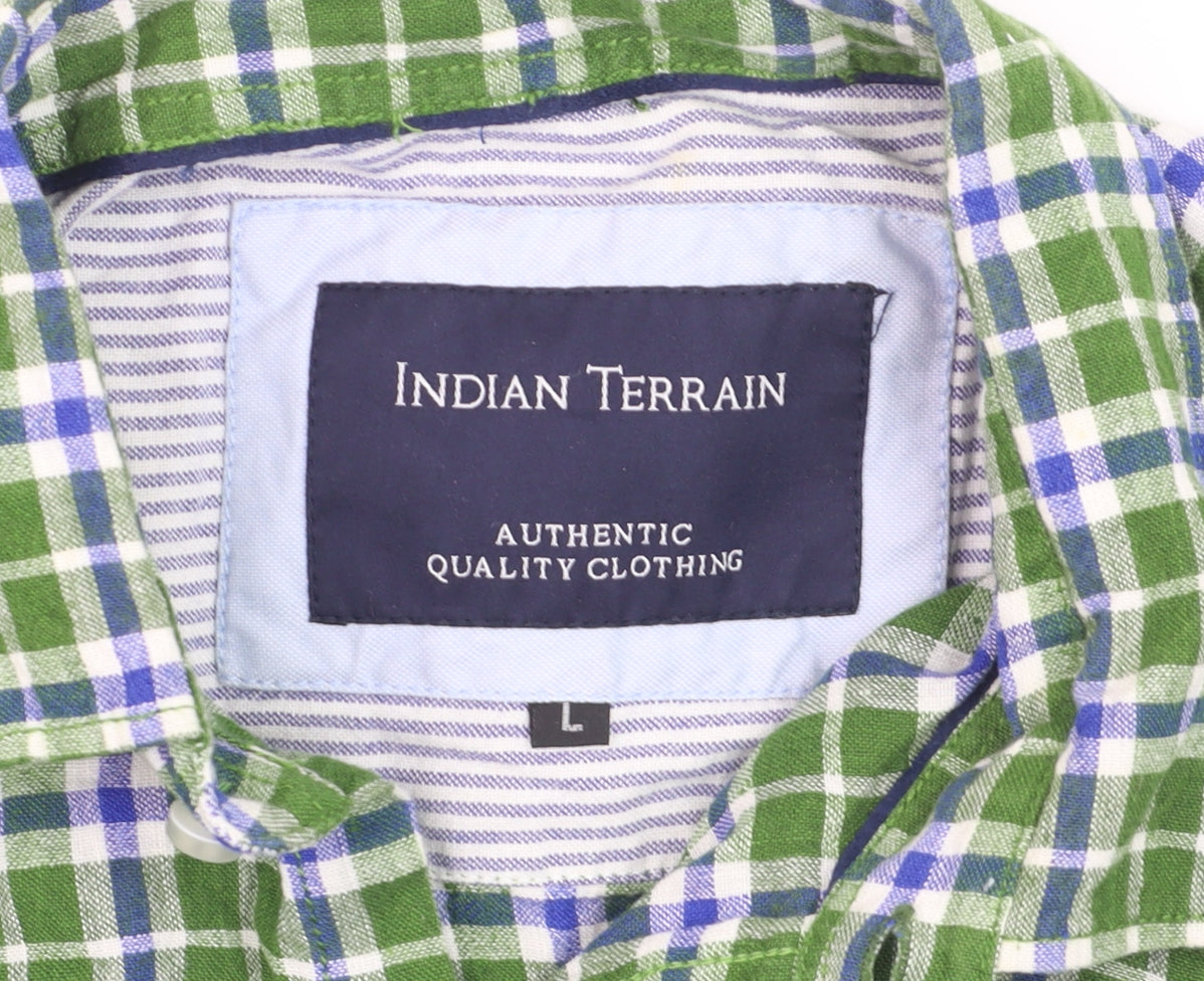Indian Terrain Men's Green Check Long Sleeve Cotton Shirt L