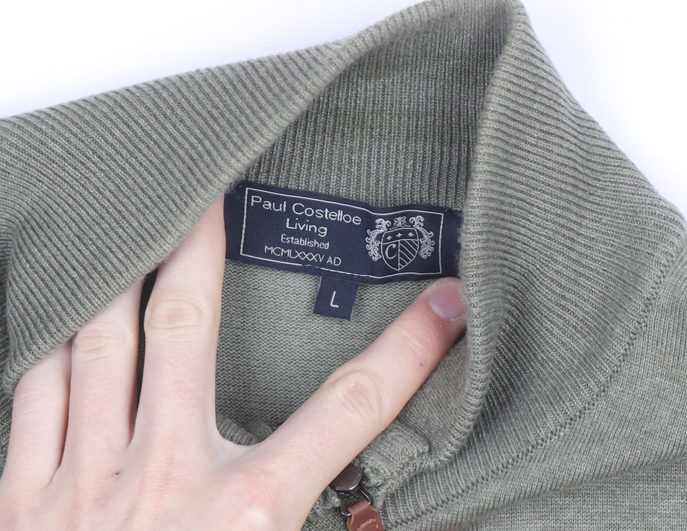 Paul Costelloe Men’s Green Henley Jumper L High Neck Cotton Blend