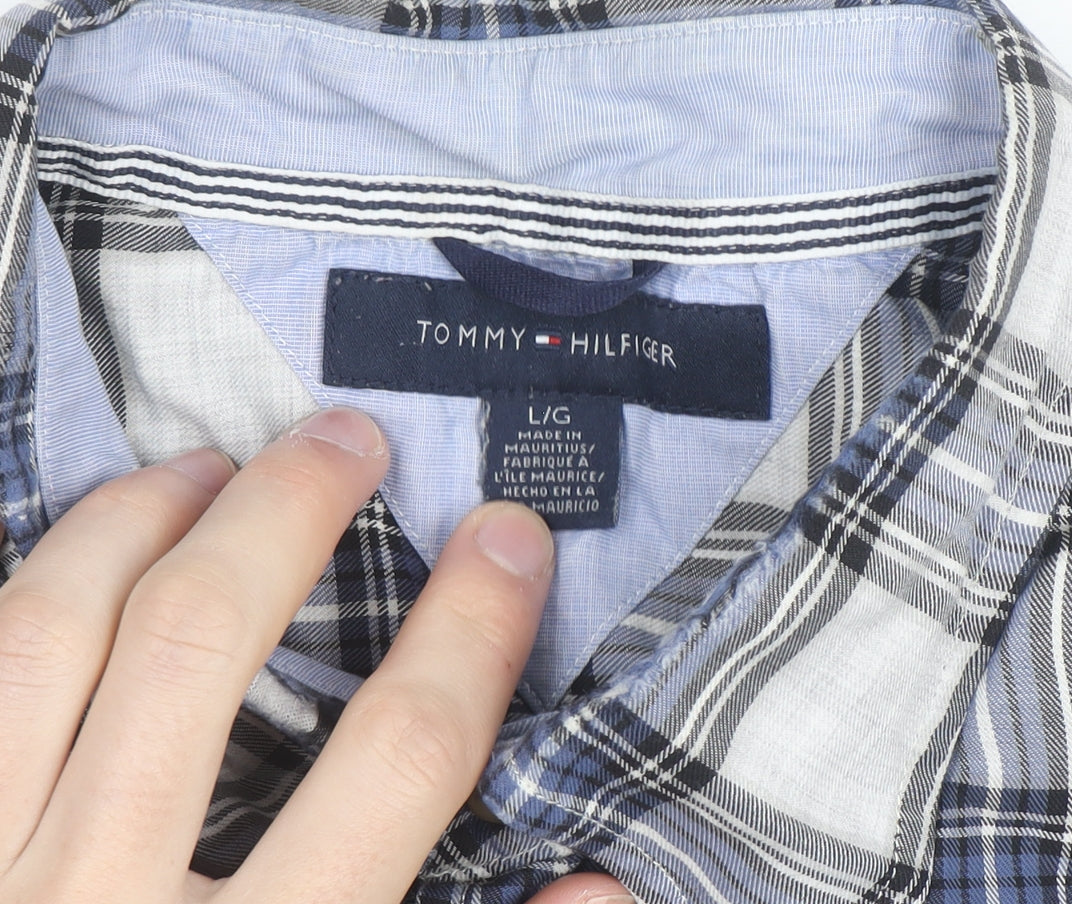 Tommy Hilfiger Men's Blue Plaid Button-Down Long Sleeve Cotton Shirt L