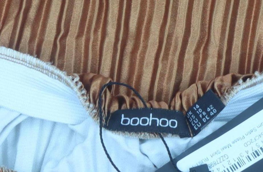 Boohoo Women’s Brown Pleated Satin Midi Skirt Size 14 Elastic Waist