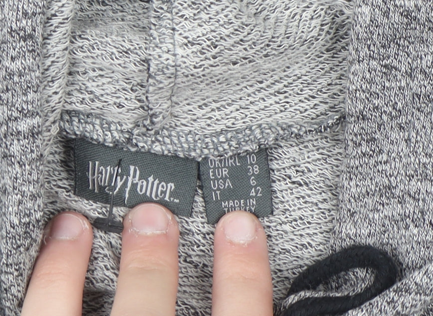 Harry Potter Women's Grey Cropped Pullover Hoodie Size 10 Hogwarts Print