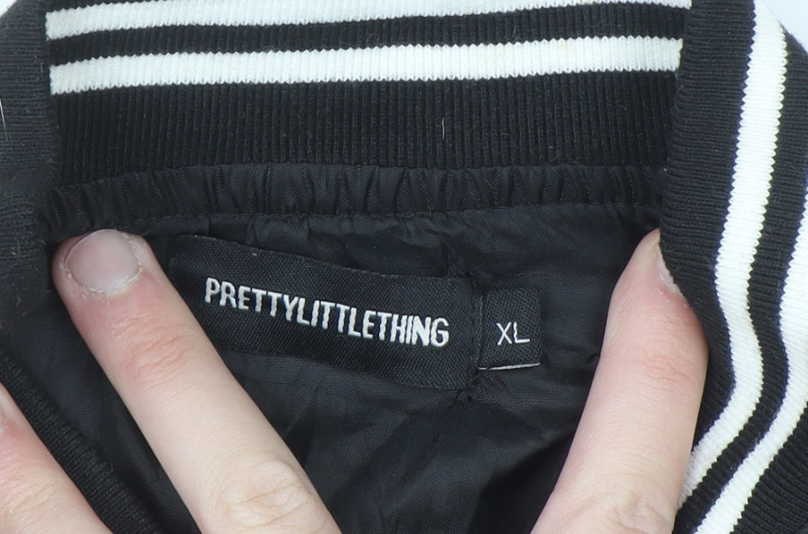 PrettyLittleThing Womens Black Varsity Jacket XL Cropped Los Angeles Embroidered