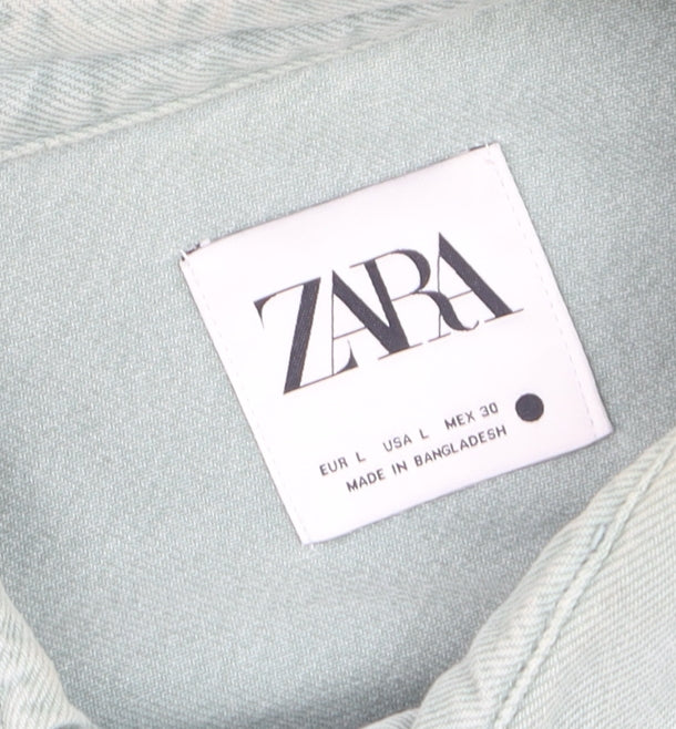 ZARA Men's Green Cotton Long Sleeve Button-Up Shirt L