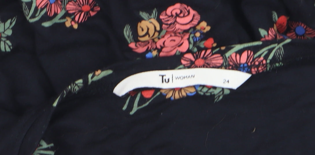 Tu Women Black Floral Tunic Blouse Size 24 3/4 Sleeve Viscose