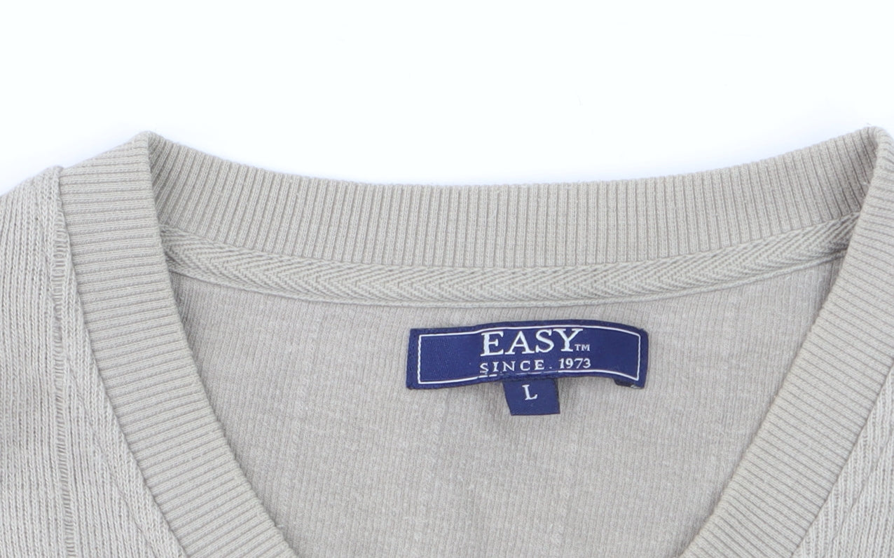 Easy Mens Beige Cotton V-Neck Jumper Size L Lightweight Knit
