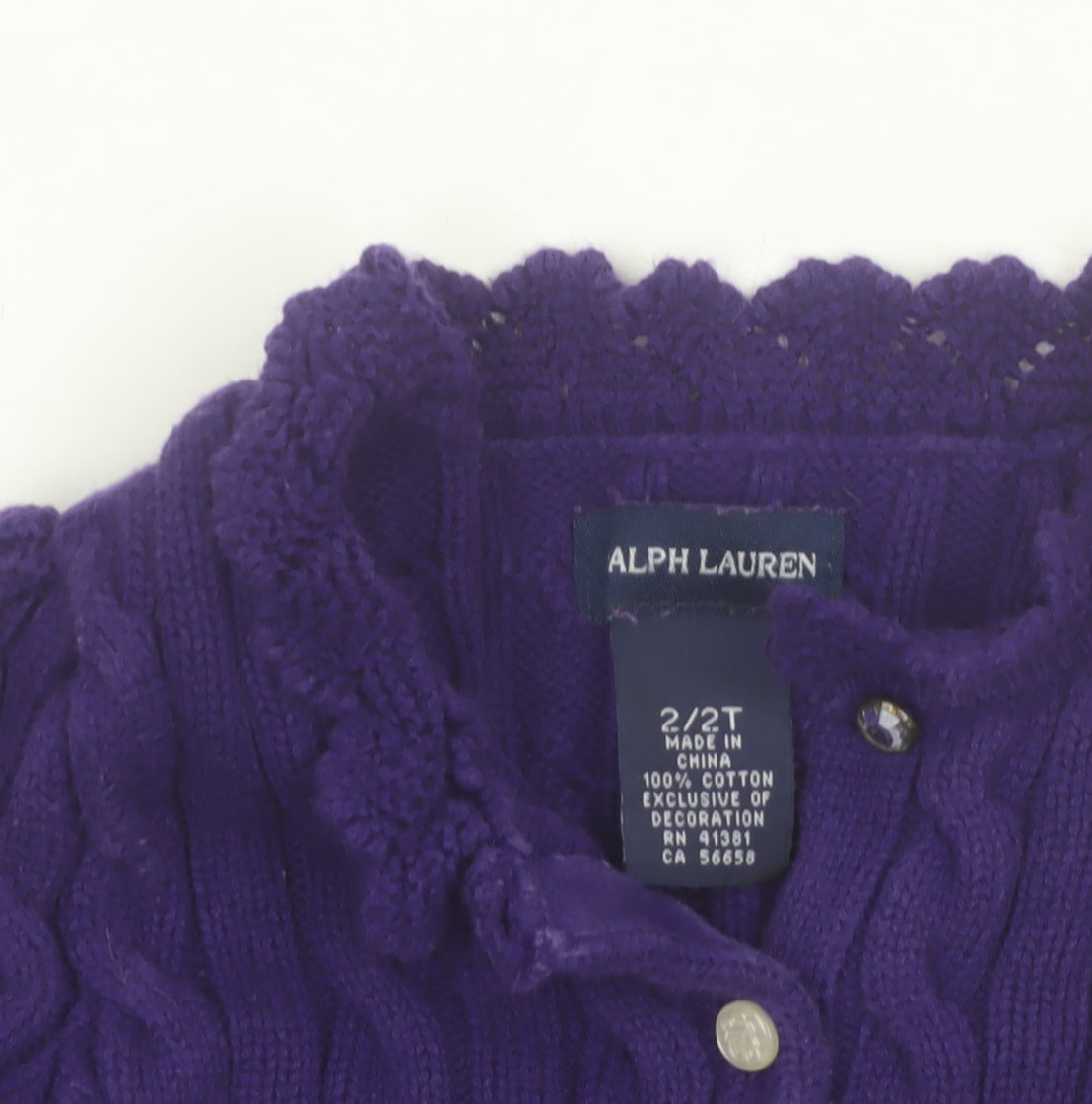 Ralph Lauren Girls Purple Cotton Cardigan Jumper 2-3 Years Button Knit