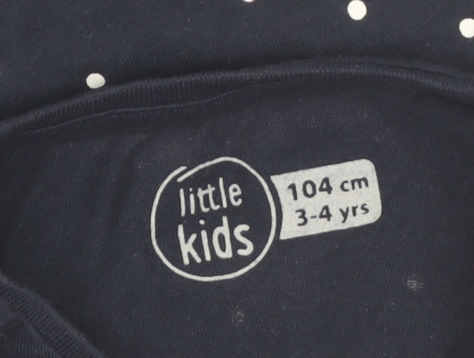 Little Kids Girls Blue Polka Dot Long Sleeve School Vibes Cotton T-Shirt 3-4 Years