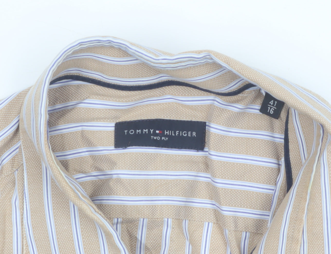 Tommy Hilfiger Mens Beige Striped Long Sleeve Cotton Shirt 16in
