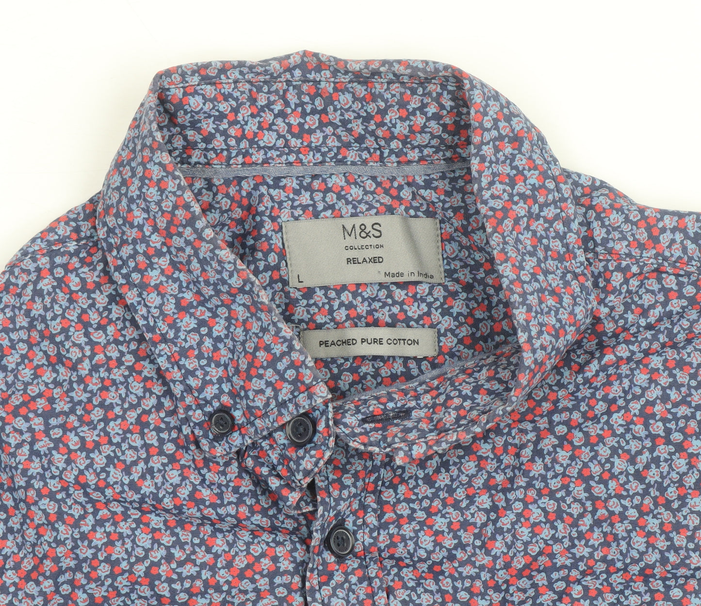 Marks and Spencer Men's Blue Floral Cotton Short Sleeve Relaxed Fit Shirt Size L