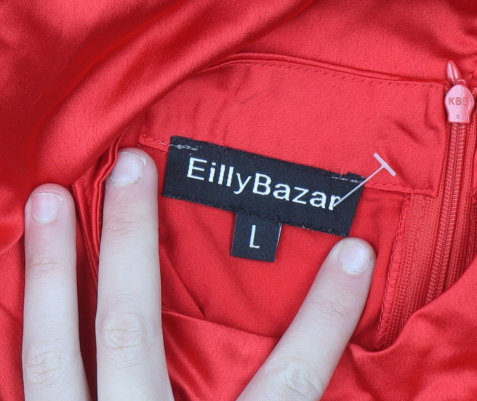 EillyBazar Women Red Short Bodycon Dress L Long Sleeve High Neck