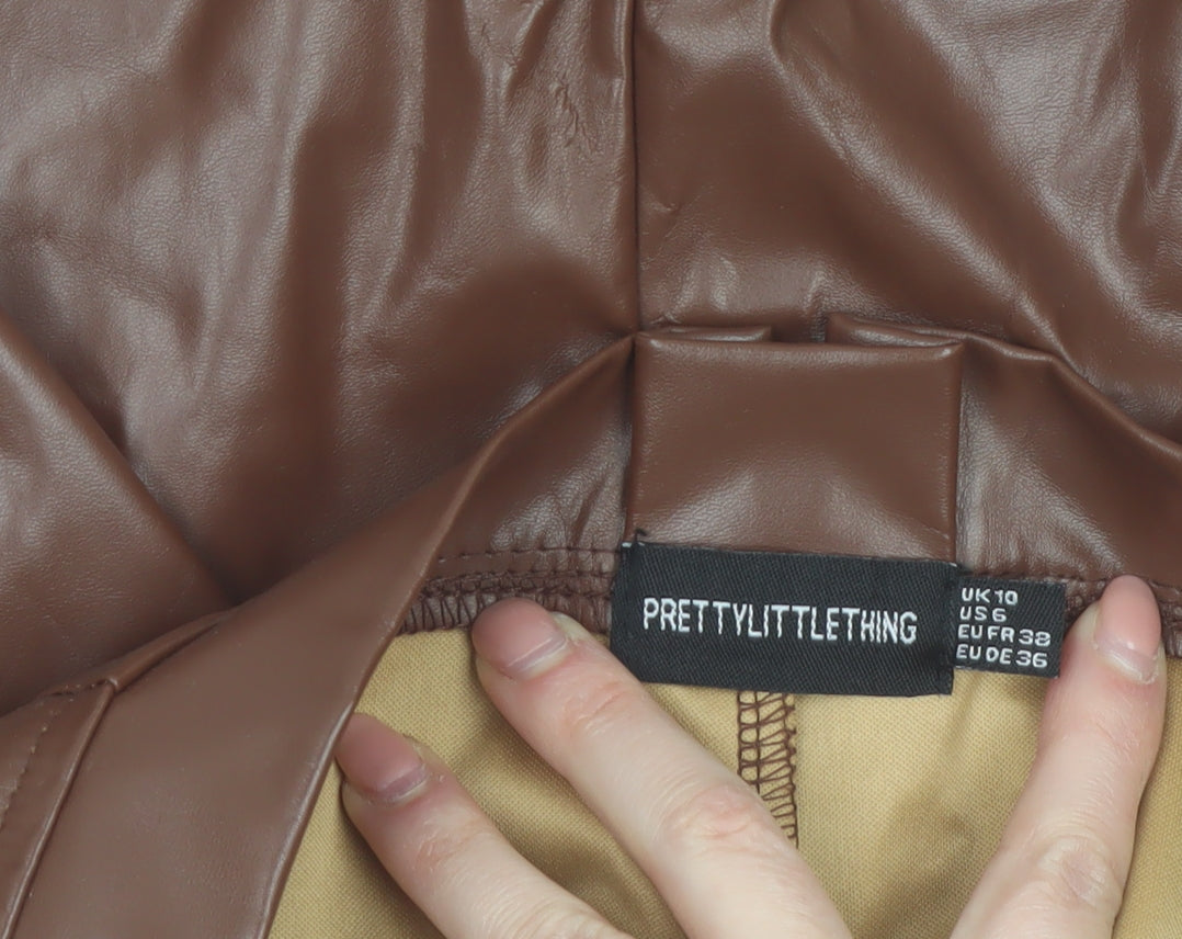 PrettyLittleThing Women Brown Faux Leather Short High Rise Skirt UK 10