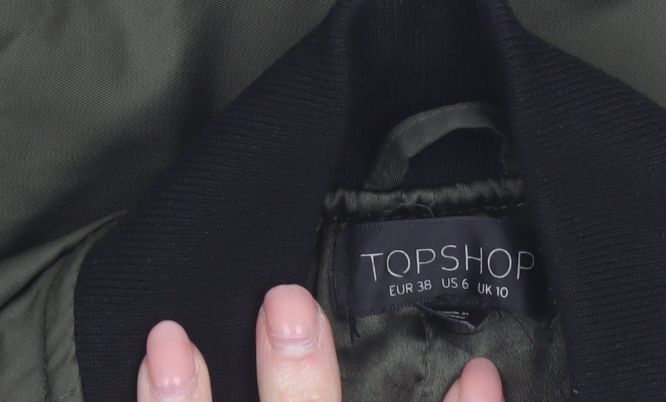 Topshop Women's Green Bomber Jacket UK 10 Cropped Classic Zip Style