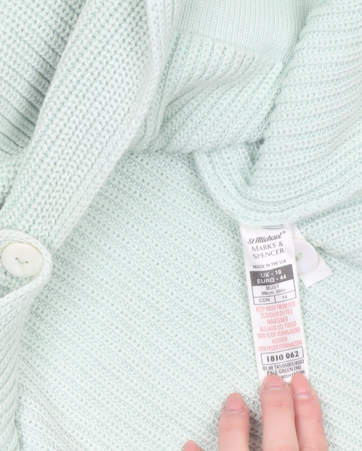 Marks and Spencer Women’s Pale Green Cotton V-Neck Long Sleeve Cardigan Size 16