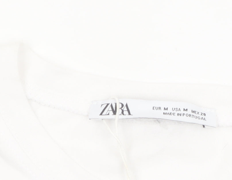 ZARA Women’s White Cotton Cropped Graphic T-Shirt Size 12