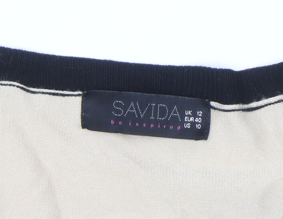 Savida Women’s Beige Black Trim Cardigan UK 12 Long Sleeve Knitwear