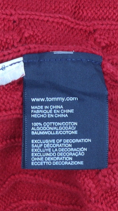 Tommy Hilfiger Women's Red V-Neck Cable-Knit Cotton Jumper XL