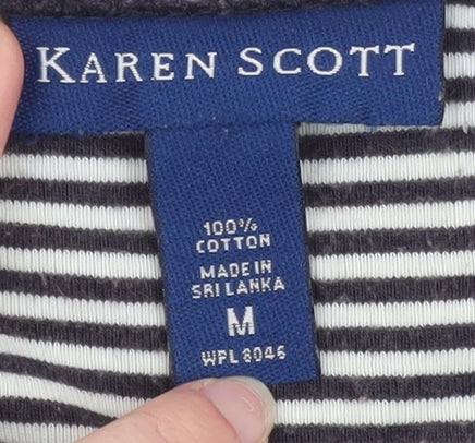 Karen Scott Women Blue Striped Cotton Short Sleeve T-Shirt M