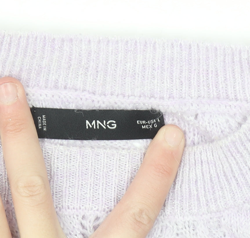 MNG Women's Purple Open-Knit Crew Neck Jumper Size L