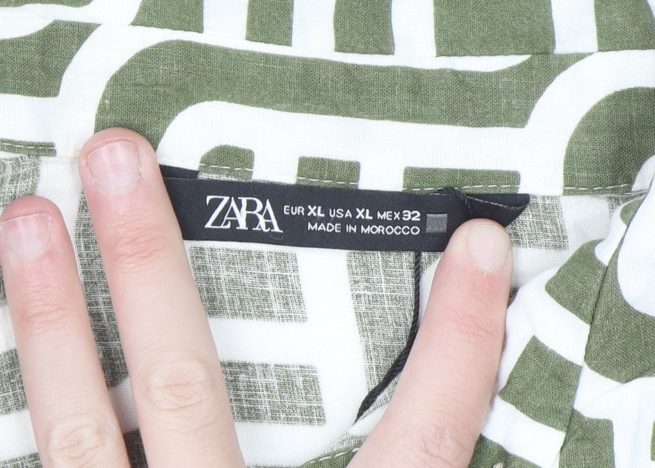 Zara Women Green Geometric Linen Shirt Dress XL