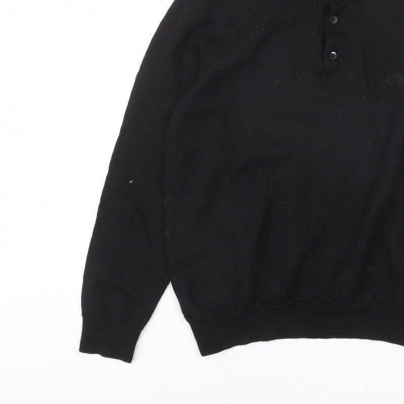 Hugo Boss Mens Black Collared Henley Jumper Size L Regular Fit