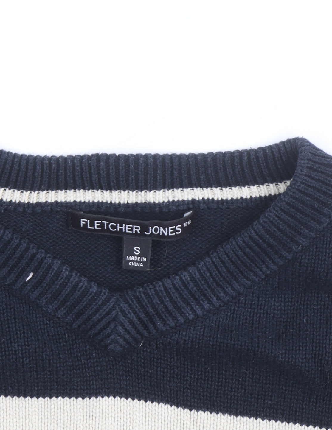 Fletcher Jones Men's Blue Striped Cotton V-Neck Jumper Size S