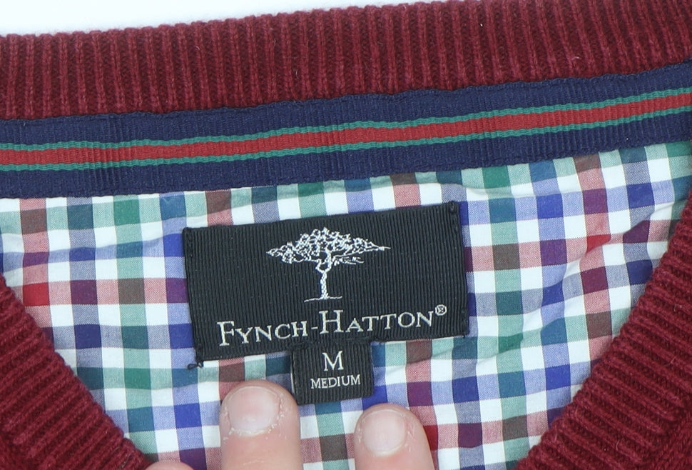Fynch-Hatton Men's Red Wool Cotton V-Neck Jumper Medium