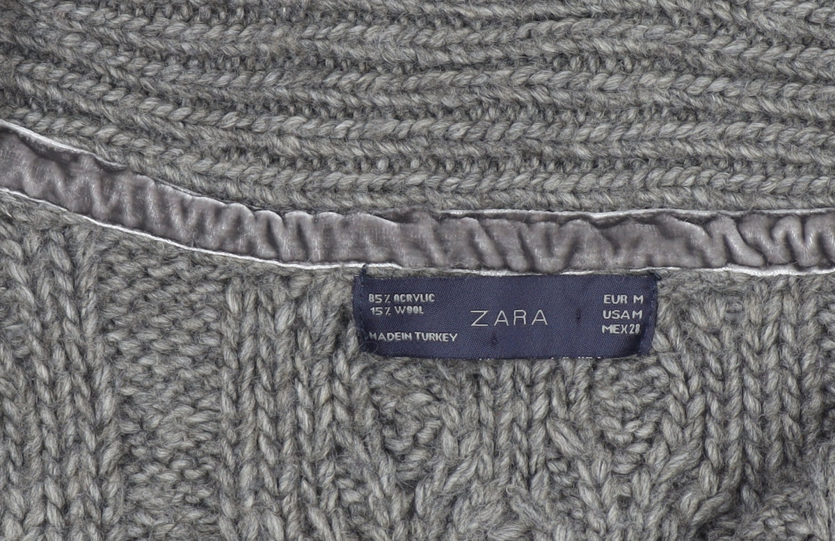 ZARA Women Grey Chunky Knit Belted Cardigan Size 12