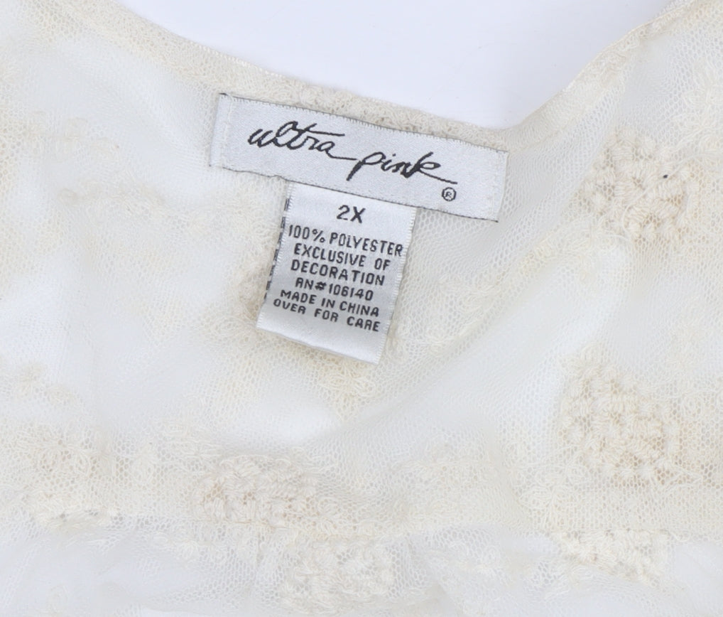 Ultra Pink Women’s Ivory Lace Tunic Blouse 2XL Sheer 3/4 Sleeve