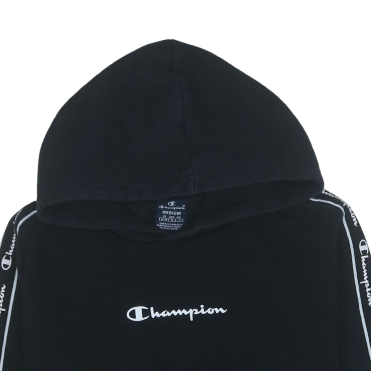 Champion Men's Black Medium Pullover Hoodie Logo Tape Sleeve