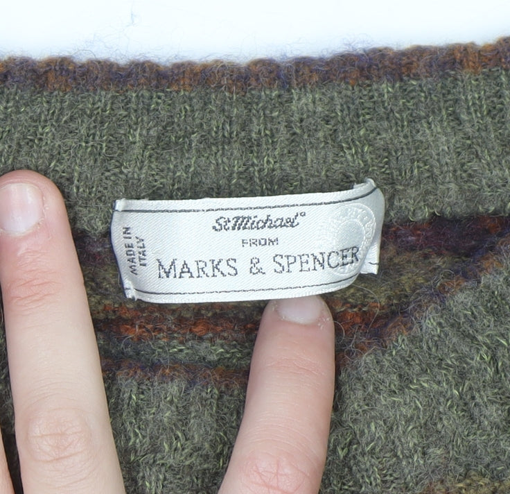 Marks and Spencer Men's Green Striped Wool Blend Pullover Jumper M