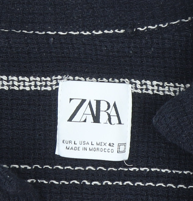 Zara Men Black Striped Cotton Blend Short Sleeve Button-Up Shirt L