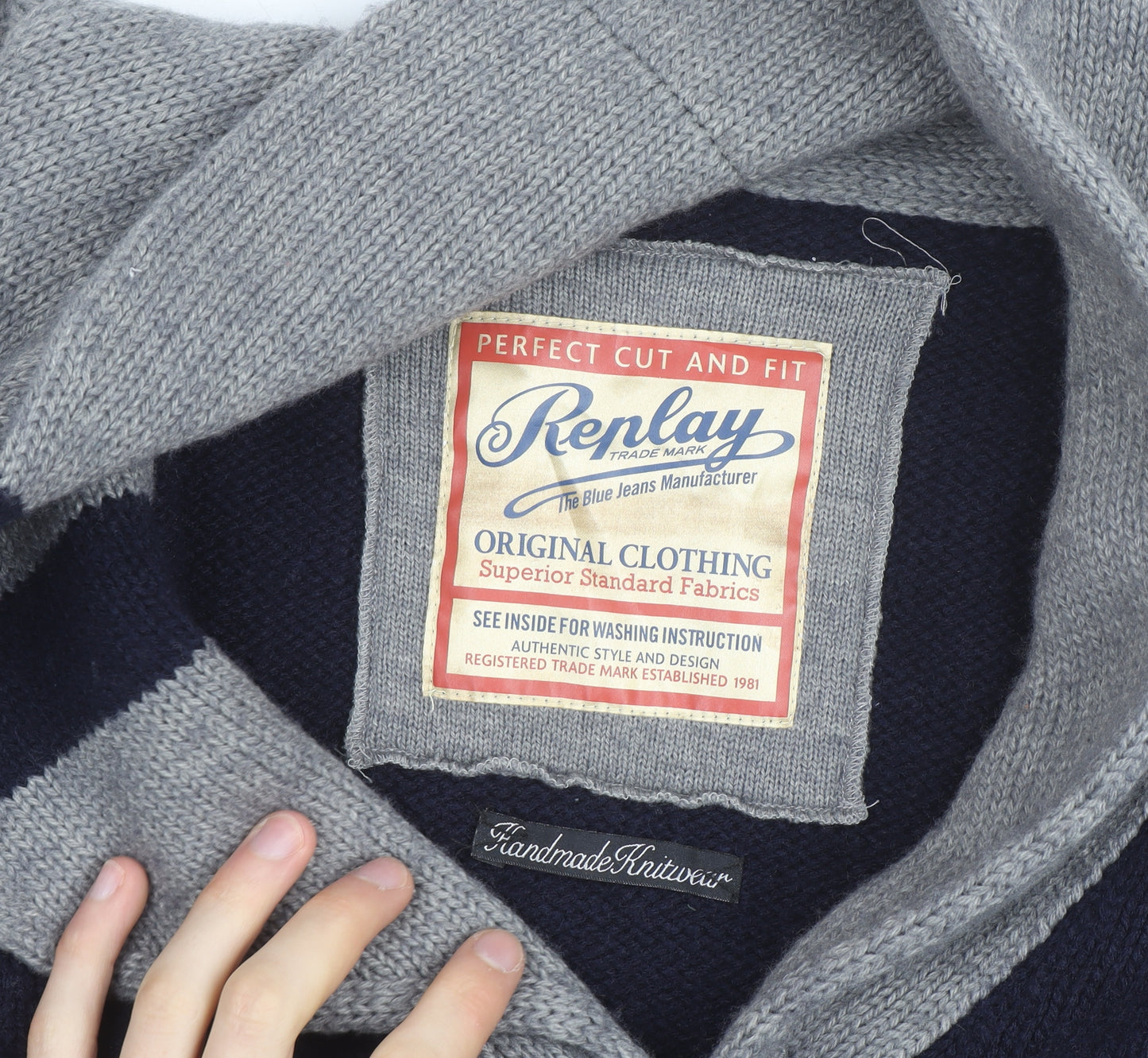 Replay Men's Grey & Navy Wool Blend XL Shawl Collar Cardigan