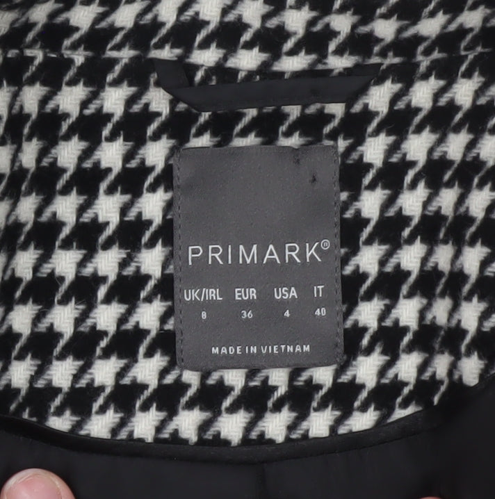 Primark Women’s Black & White Houndstooth Belted Long Coat Size 8