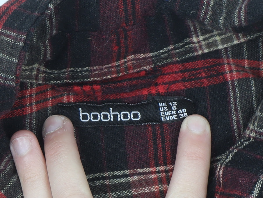 Boohoo Womens Red Plaid Flannel Long Sleeve Button-Up Shirt Size 12