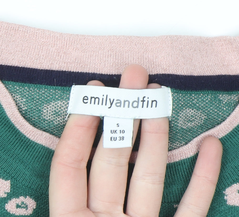 Emily and Fin Women's Green Floral Knit Jumper UK 10 Small Long Sleeve