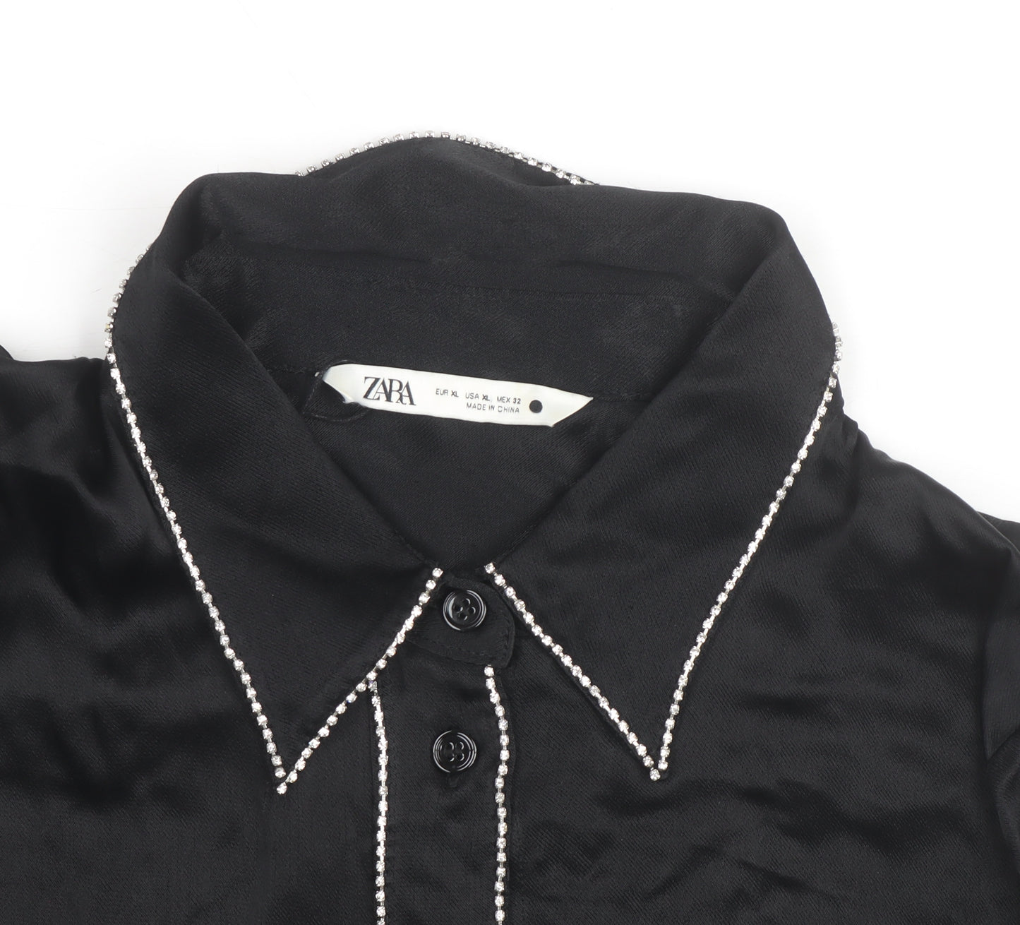 Zara Women Black Beaded Collared Satin Button-Up Shirt Size 14