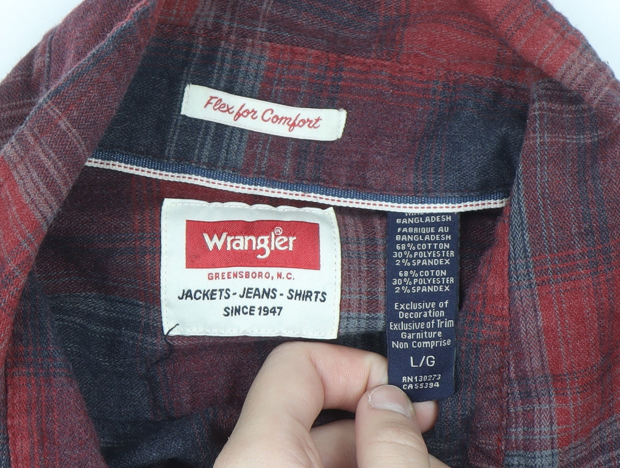 Wrangler Men's Red & Navy Check Flannel Long Sleeve Button-Up Shirt Size L