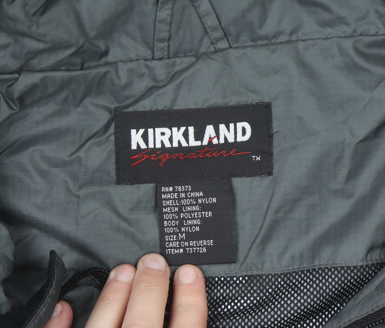 Kirkland Signature Men's Grey Hooded Waterproof Rain Jacket Size M