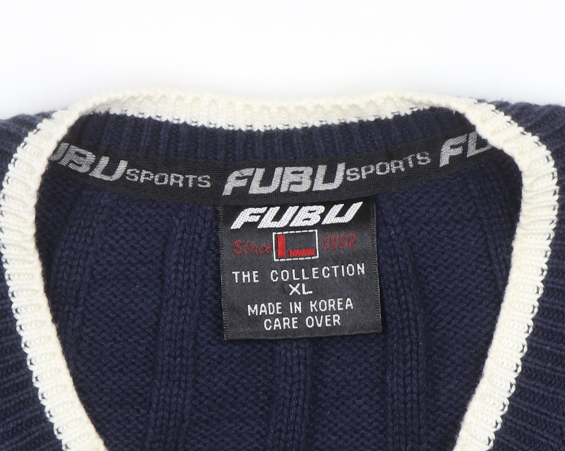 FUBU Men's Blue Cable-Knit Sleeveless V-Neck Vest XL